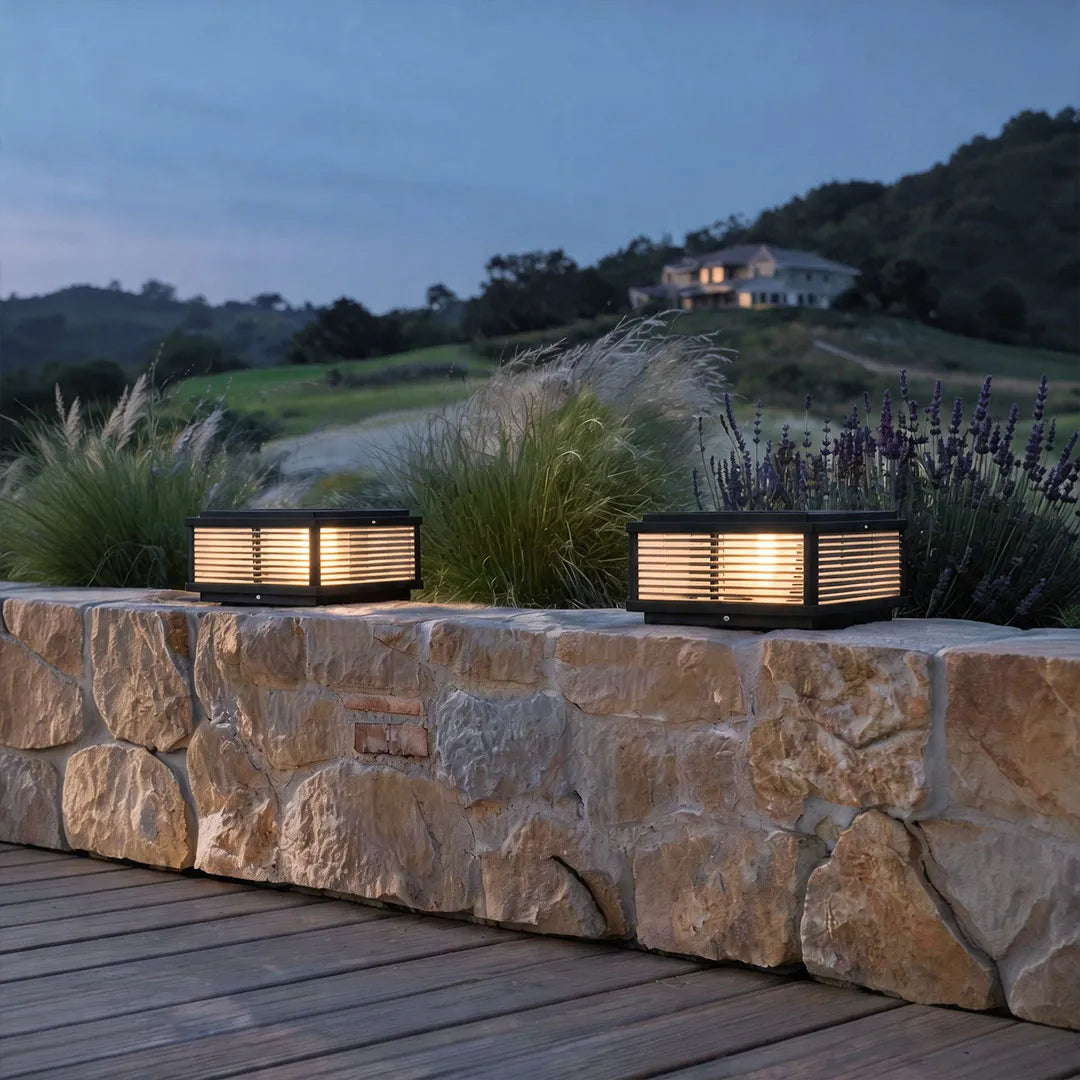 Square Pillar Light Ribbed Glass Outdoor Metal Light
