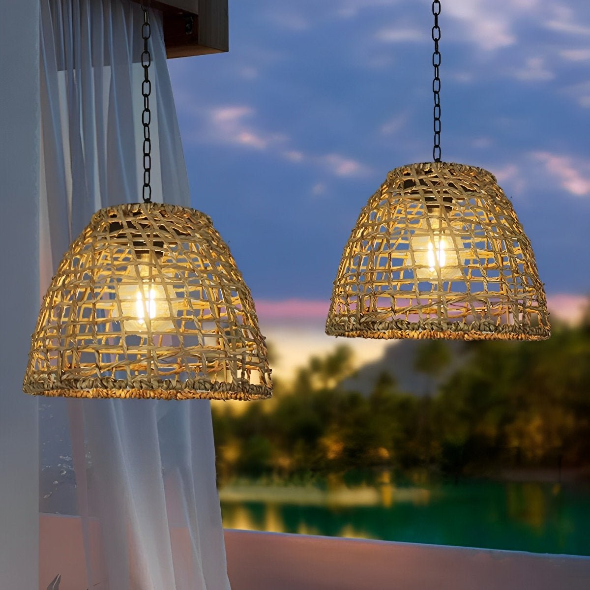 Waterproof Solar Bell Rattan Outdoor Lanterns Pendant Lights