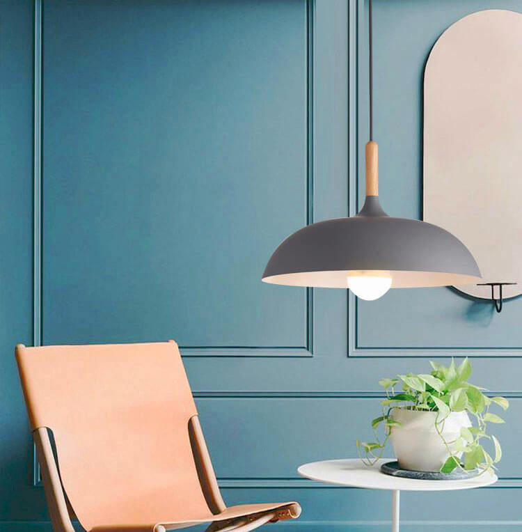 Modern Minimalist Metal Wooden Top 1-Light Dome Pendant Light For Dining Room & Living Room