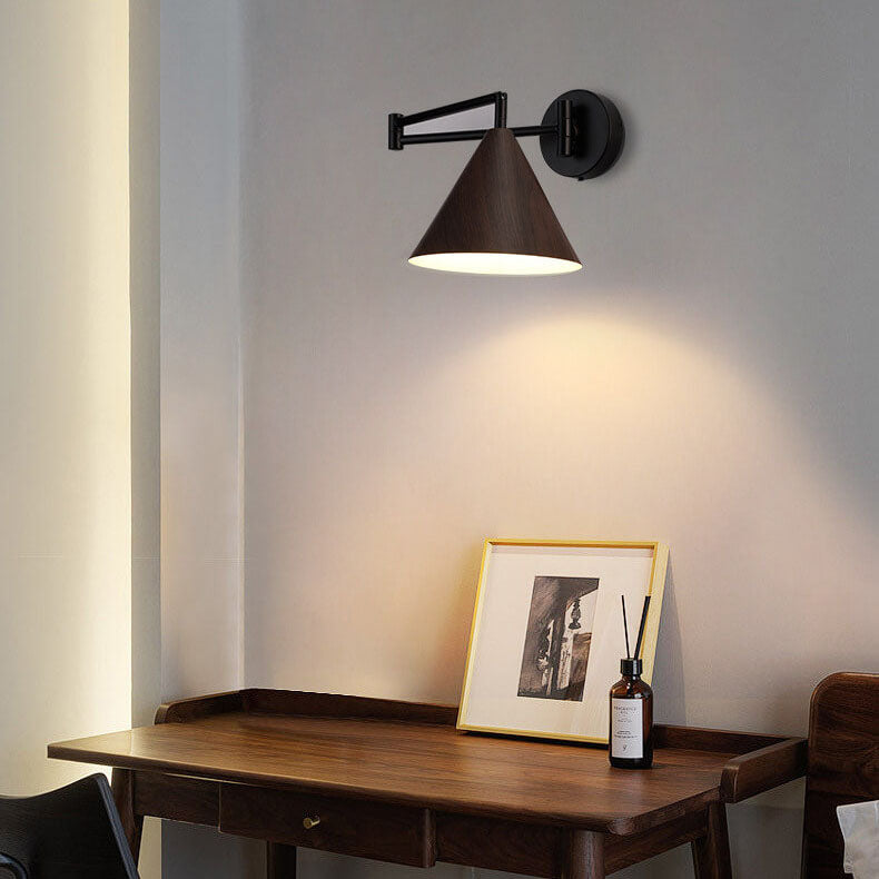 Contemporary Nordic Cone Swing Arm Wood Grain Iron 1-Light Wall Sconce Lamp For Bedroom