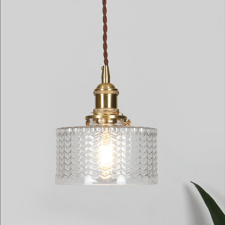 Traditional Japanese Brass Glass Round Jar 1-Light Pendant Light For Living Room