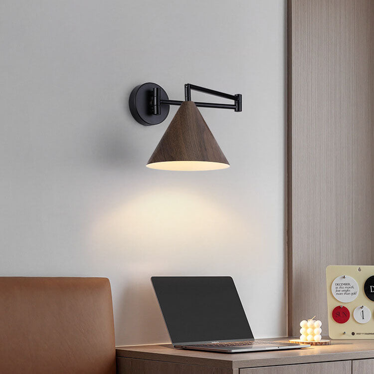 Contemporary Nordic Cone Swing Arm Wood Grain Iron 1-Light Wall Sconce Lamp For Bedroom