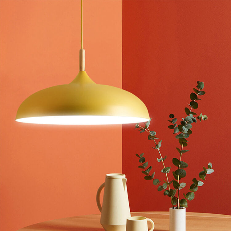 Modern Minimalist Metal Wooden Top 1-Light Dome Pendant Light For Dining Room & Living Room