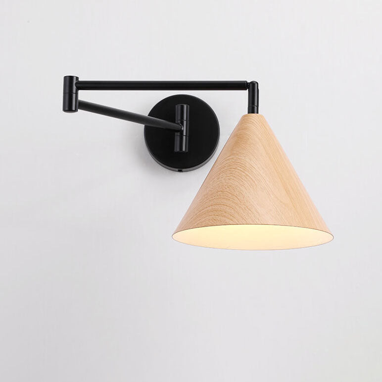Contemporary Nordic Cone Swing Arm Wood Grain Iron 1-Light Wall Sconce Lamp For Bedroom