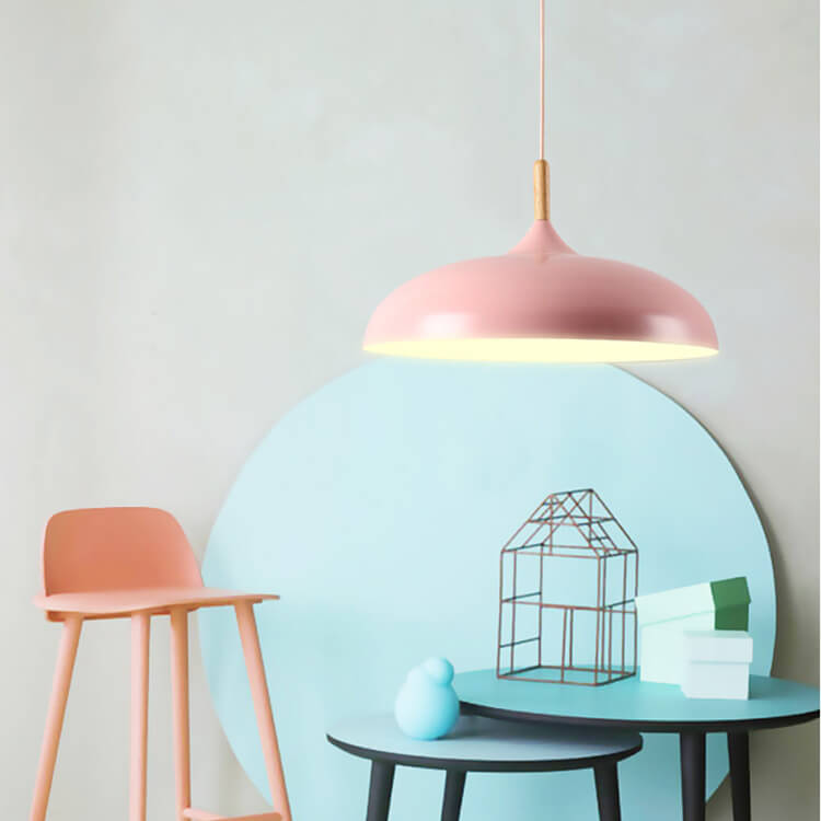Modern Minimalist Metal Wooden Top 1-Light Dome Pendant Light For Dining Room & Living Room