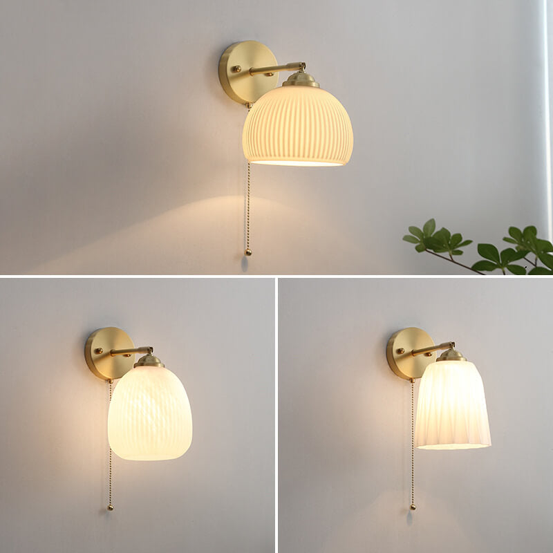 Contemporary Nordic Striped White Glass Brass 1-Light Pull Cord Wall Sconce Lamp For Bedroom