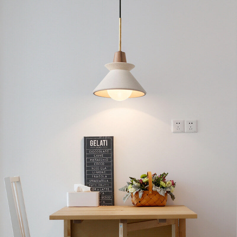 Modern Minimalist White Cement Iron Wood 1-Light Tapered Pendant Light For Dining Room