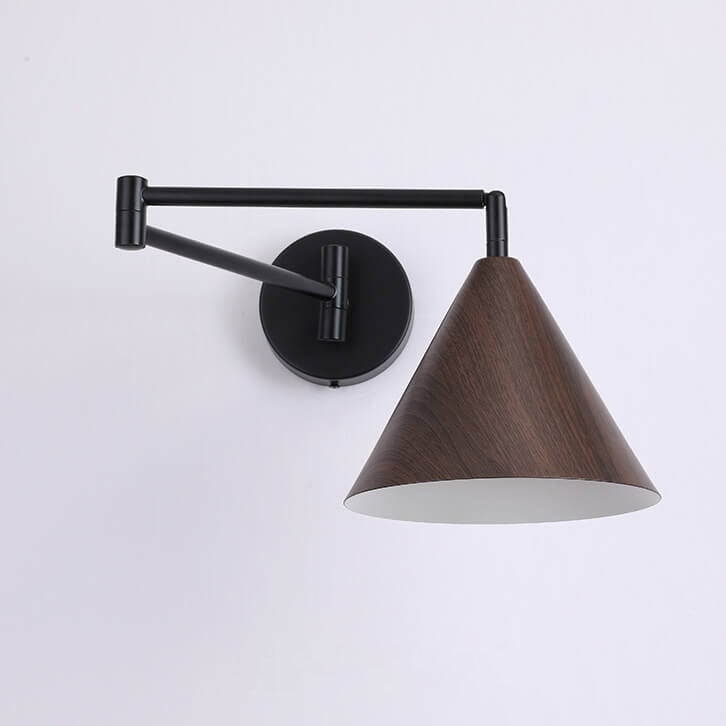 Contemporary Nordic Cone Swing Arm Wood Grain Iron 1-Light Wall Sconce Lamp For Bedroom