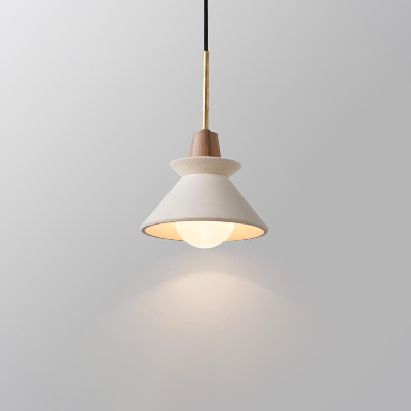 Modern Minimalist White Cement Iron Wood 1-Light Tapered Pendant Light For Dining Room
