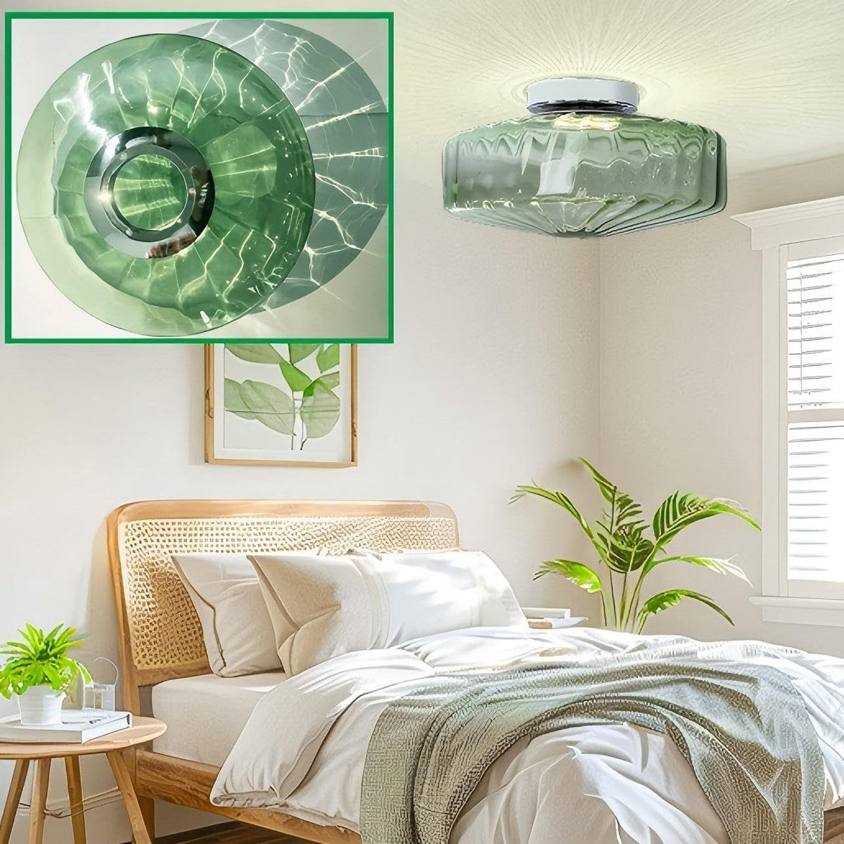 Vintage Green Glass Ripple Ceiling Light - Classic Ceiling Lamp for Dining Room Entryway and Hallway