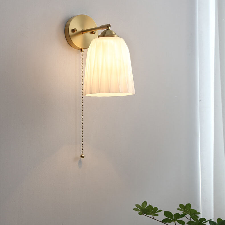 Contemporary Nordic Striped White Glass Brass 1-Light Pull Cord Wall Sconce Lamp For Bedroom