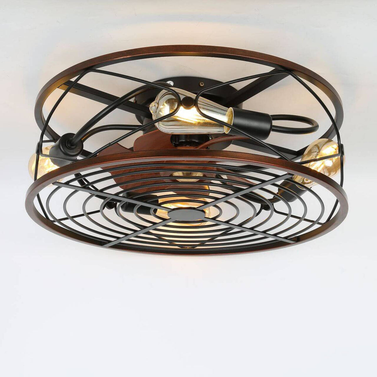 Contemporary Nordic Industrial Wrought Iron Cylinder 4-Light Flush Mount Ceiling Invisible Fan Light For Living Room
