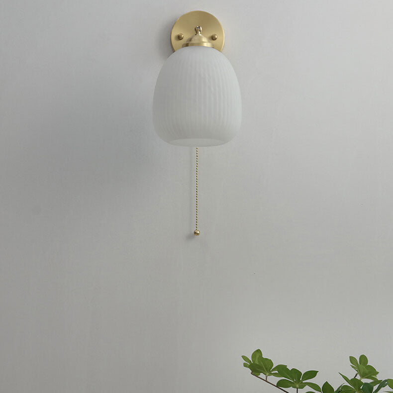 Contemporary Nordic Striped White Glass Brass 1-Light Pull Cord Wall Sconce Lamp For Bedroom
