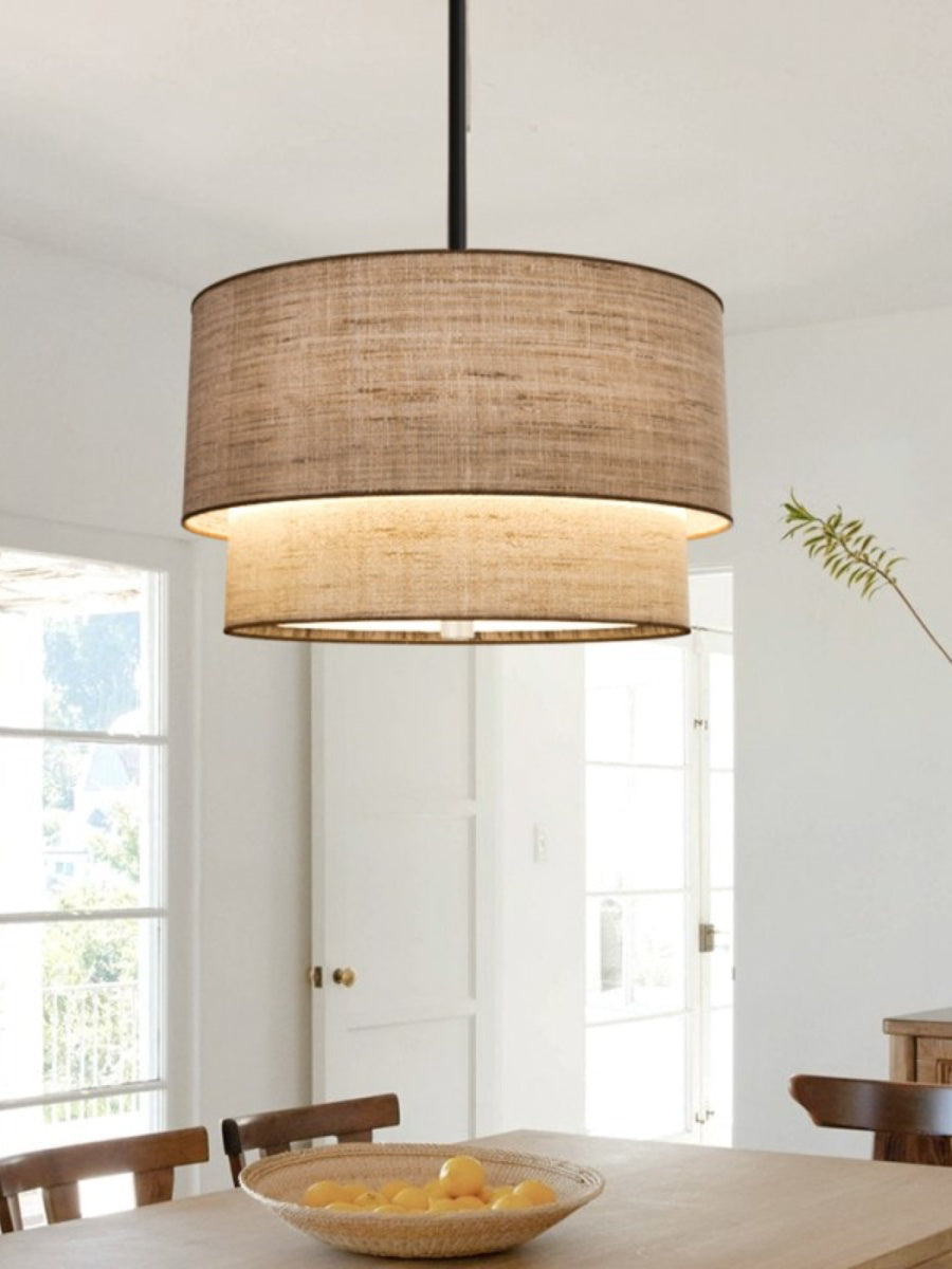 Double Fabric Drum Pendant Light - Modern Layered Shade Ceiling Lamp Perfect for Dining Room or Living Room