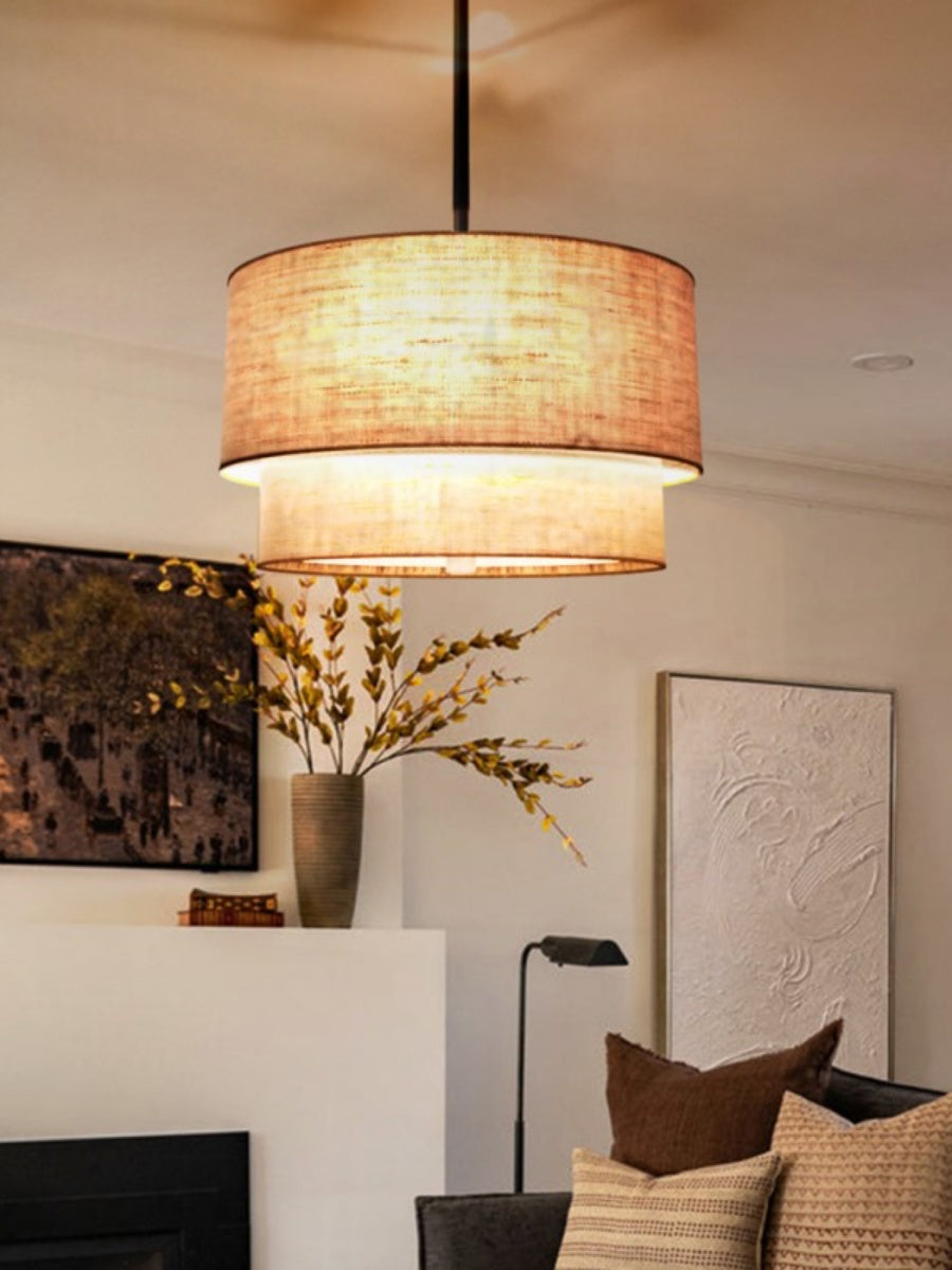 Double Fabric Drum Pendant Light - Modern Layered Shade Ceiling Lamp Perfect for Dining Room or Living Room