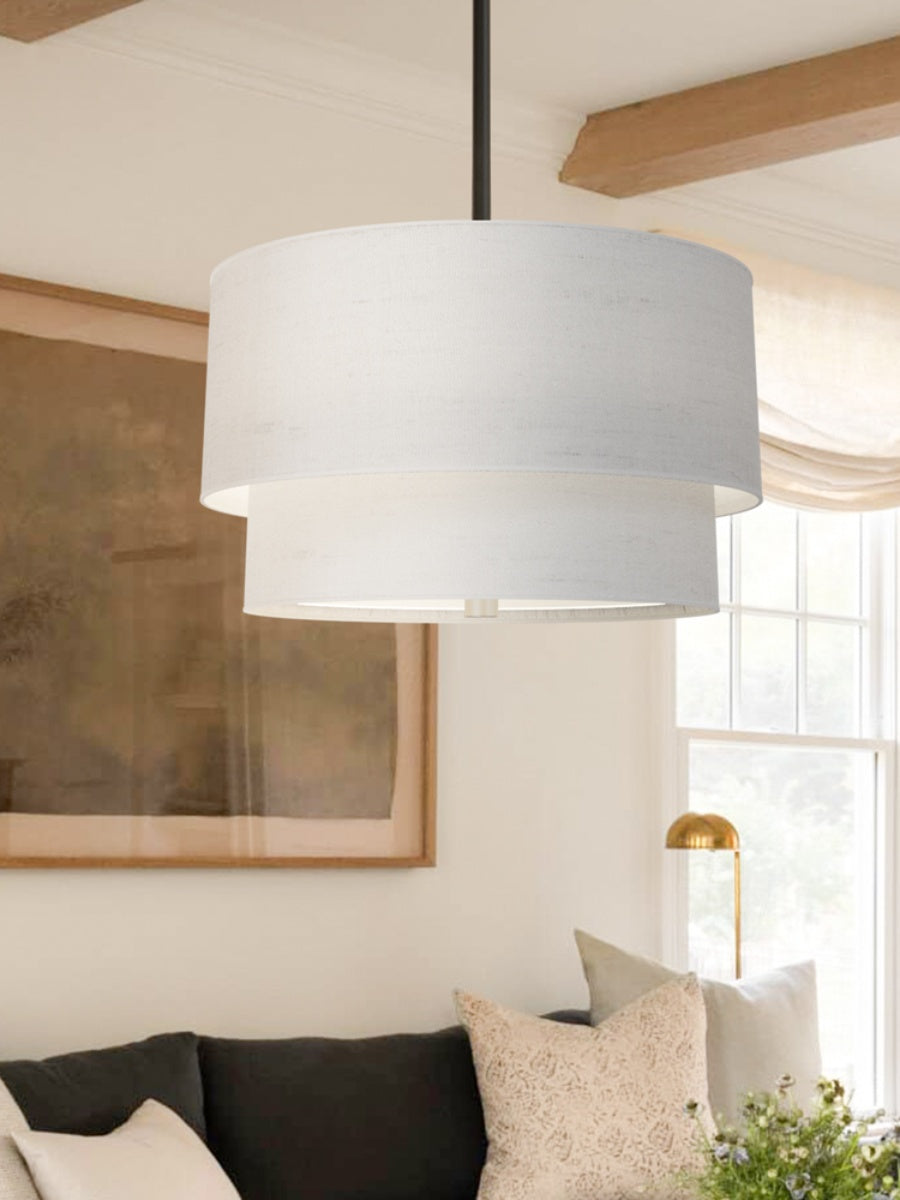 Double Fabric Drum Pendant Light - Modern Layered Shade Ceiling Lamp Perfect for Dining Room or Living Room