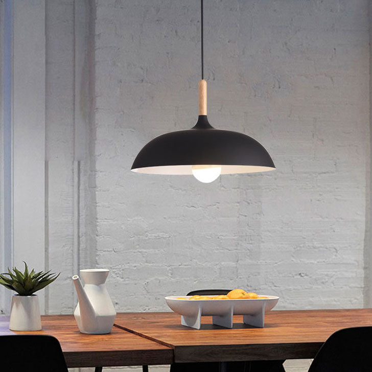 Modern Minimalist Metal Wooden Top 1-Light Dome Pendant Light For Dining Room & Living Room
