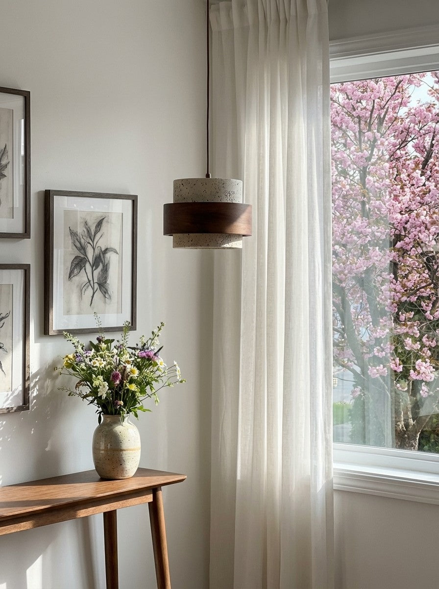 Travertine Wood Pendant Lamp - Modern Organic Hanging Light for Living Room