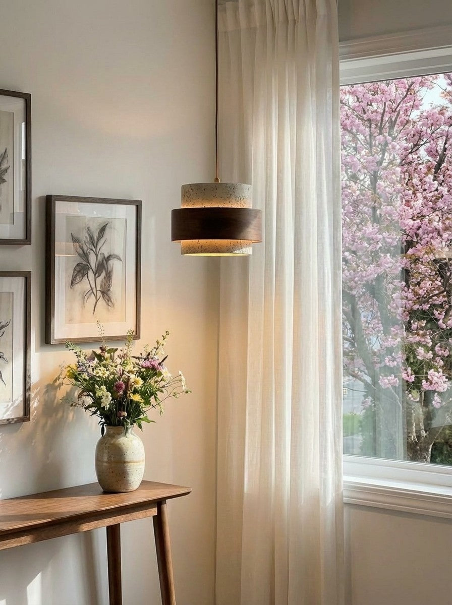 Travertine Wood Pendant Lamp - Modern Organic Hanging Light for Living Room