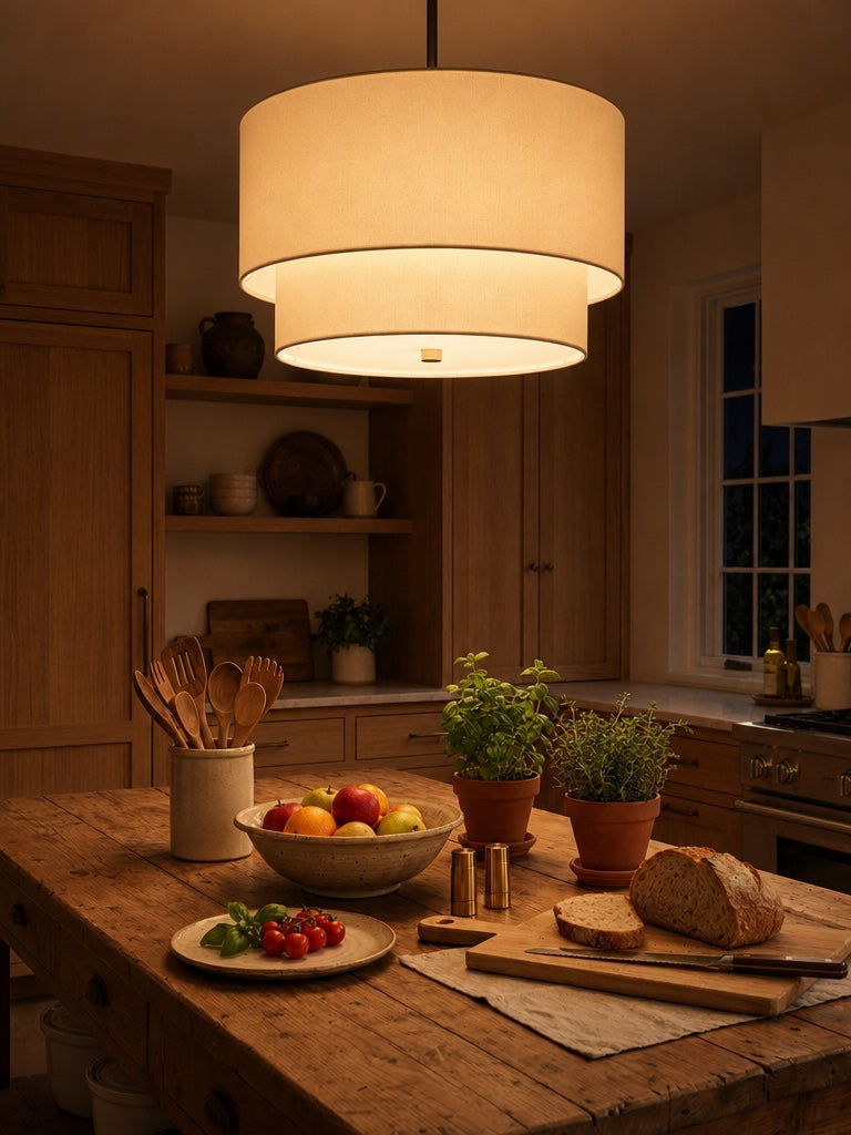 Double Fabric Drum Pendant Light - Modern Layered Shade Ceiling Lamp Perfect for Dining Room or Living Room