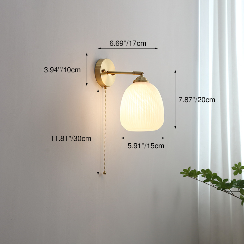Contemporary Nordic Striped White Glass Brass 1-Light Pull Cord Wall Sconce Lamp For Bedroom