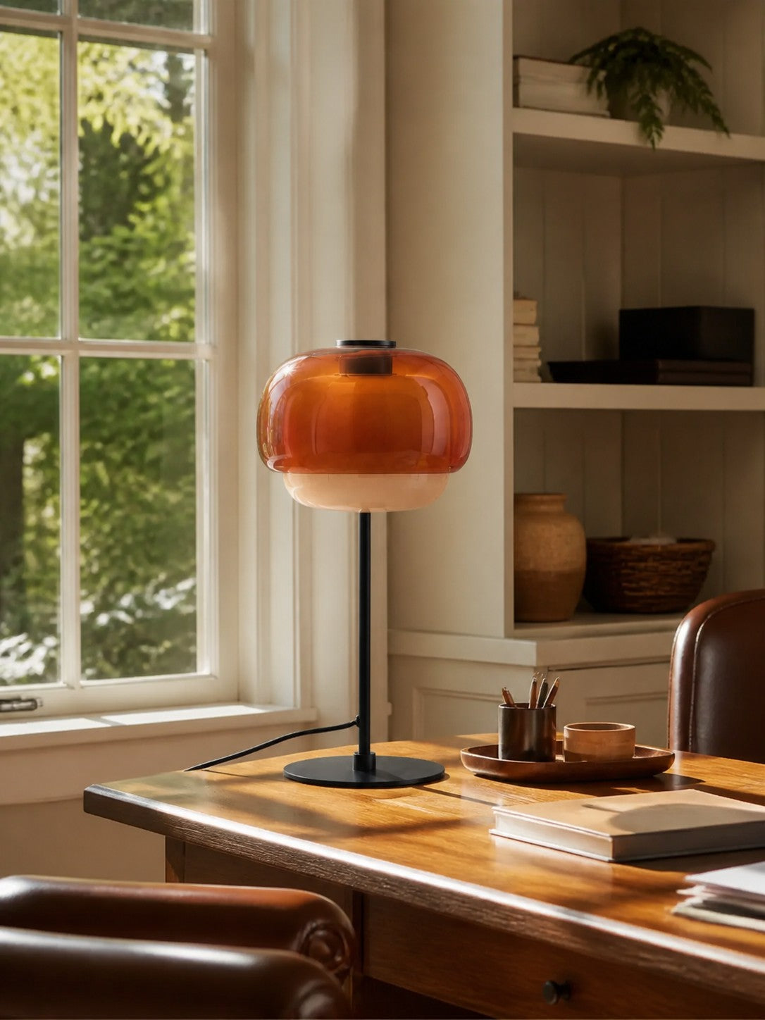 Mid Century Modern Glass Mushroom Table Lamp – Double Layer Glass Table Lamp for Nightstands and Sideboards