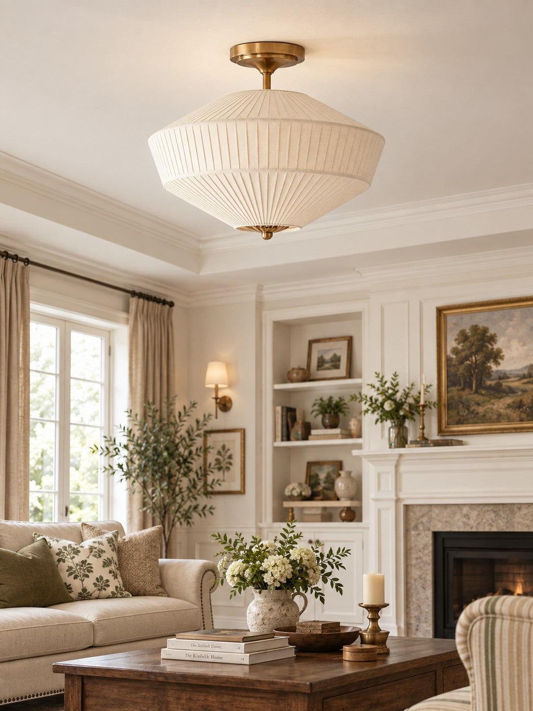 Silk Semi-Flush Metal Fabric Shade Ceiling Light – Ideal for Living & Bedroom Spaces