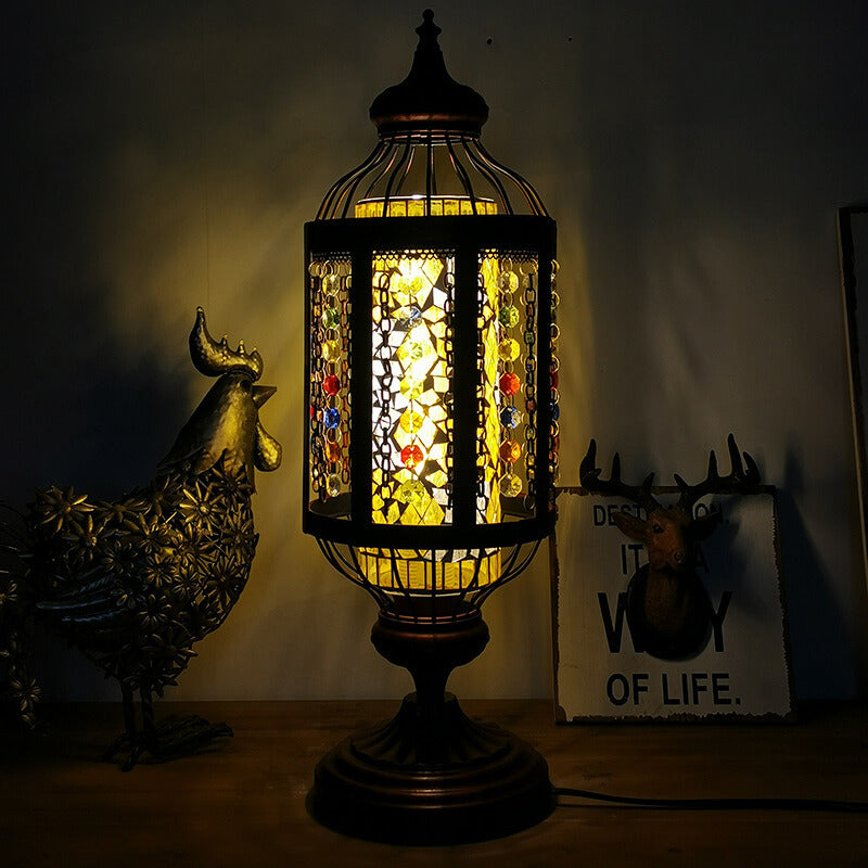 Traditional Vintage Turkish Stained Glass Iron Lantern 1-Light Table Lamp For Bedroom