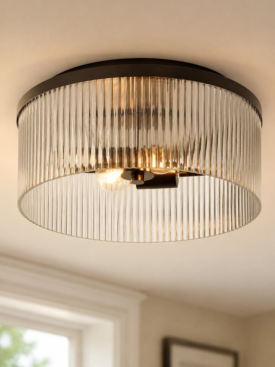 Elegant Ribbed Glass Flush-Mount Ceiling Light – Modern Low-Profile Fixture for Bedroom