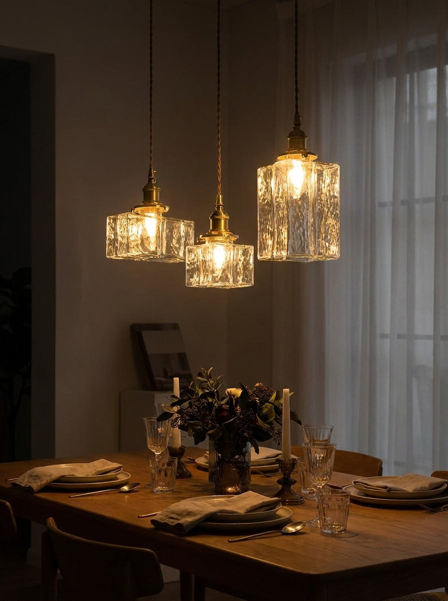 Traditional Vintage Square Rectangle Ripple Glass Iron 1-Light Pendant Light For Living Room