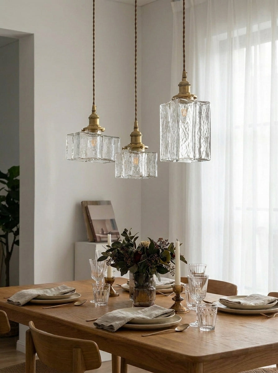 Traditional Vintage Square Rectangle Ripple Glass Iron 1-Light Pendant Light For Living Room
