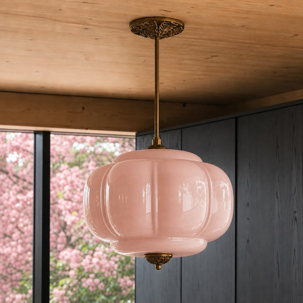 Scallop Vintage Milk Glass Semi Flush Mount Pendant Light