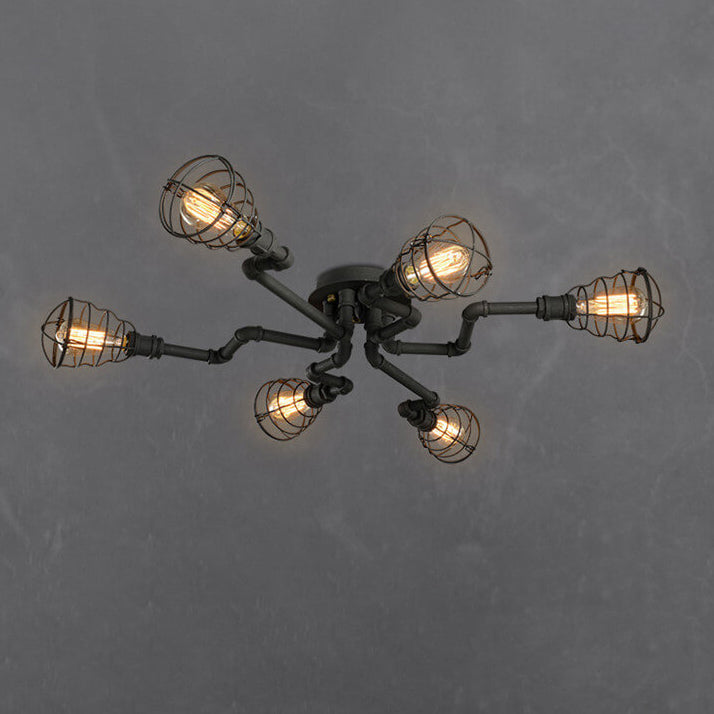 Industrial Vintage Water Pipe Round Iron 4/6/8 Light Flush Mount Ceiling Light