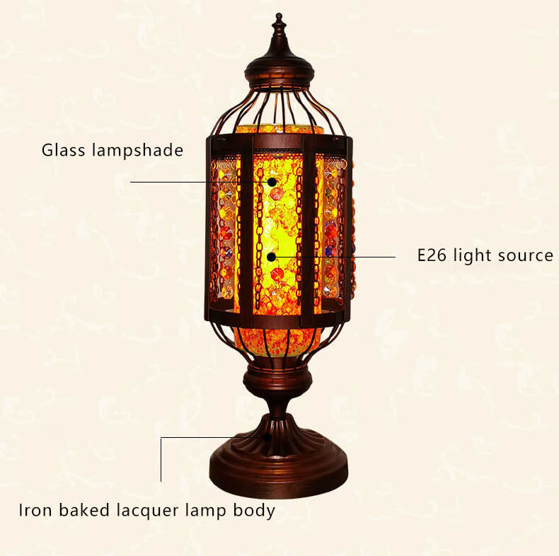 Traditional Vintage Turkish Stained Glass Iron Lantern 1-Light Table Lamp For Bedroom