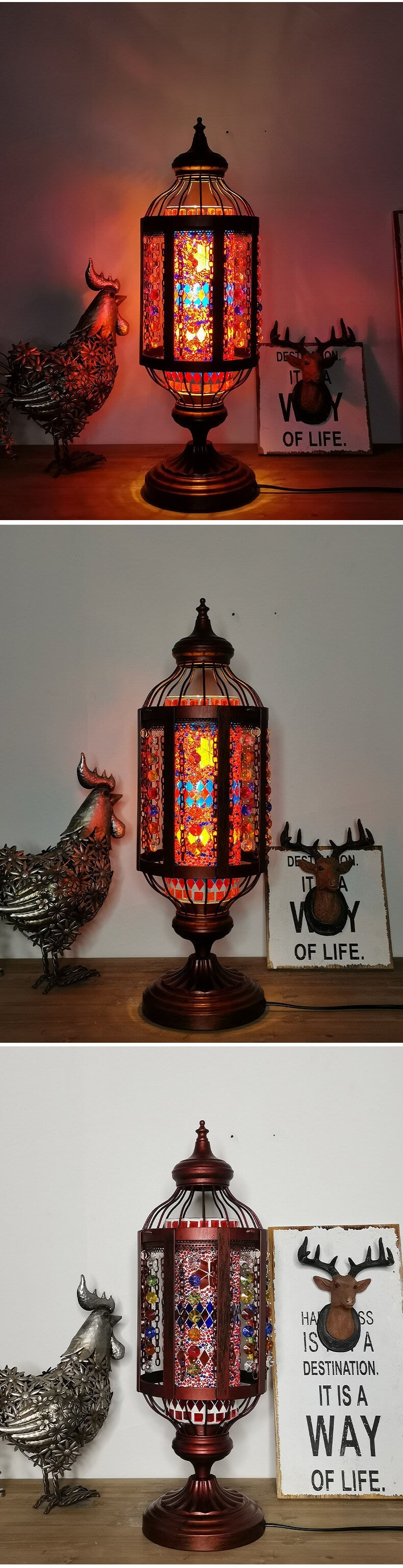 Traditional Vintage Turkish Stained Glass Iron Lantern 1-Light Table Lamp For Bedroom