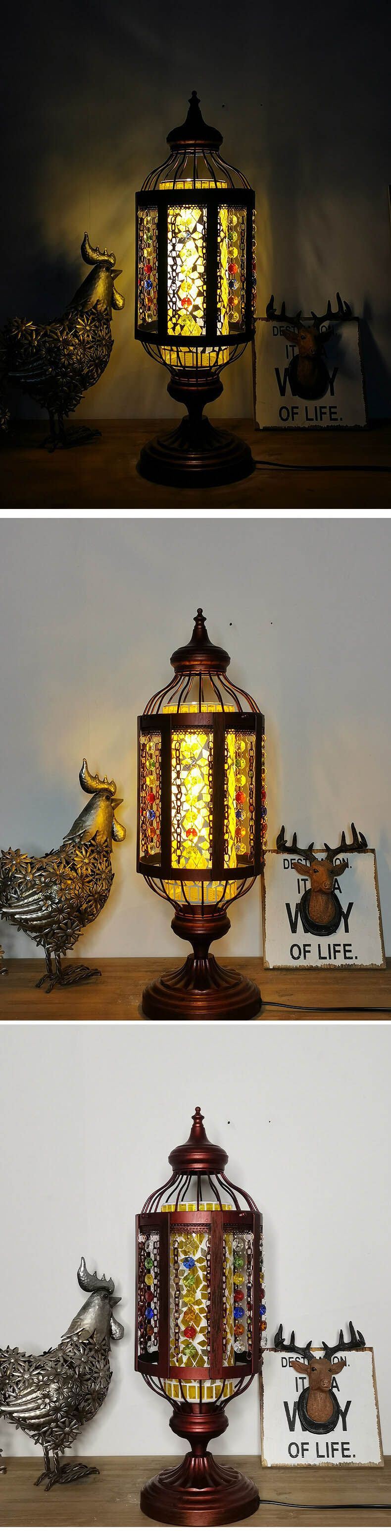 Traditional Vintage Turkish Stained Glass Iron Lantern 1-Light Table Lamp For Bedroom