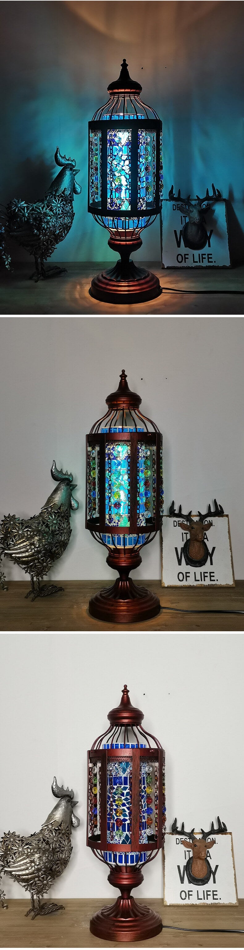 Traditional Vintage Turkish Stained Glass Iron Lantern 1-Light Table Lamp For Bedroom