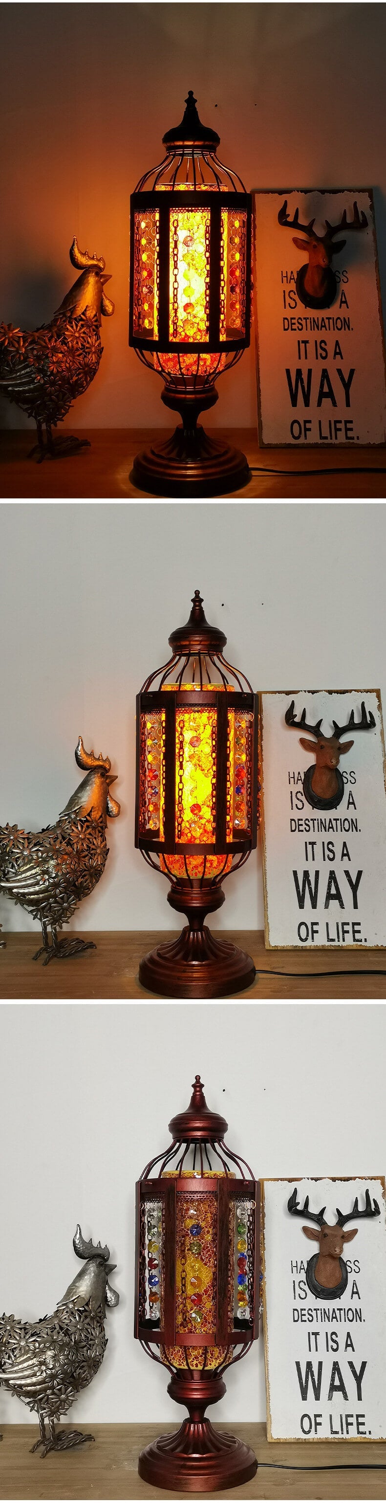 Traditional Vintage Turkish Stained Glass Iron Lantern 1-Light Table Lamp For Bedroom