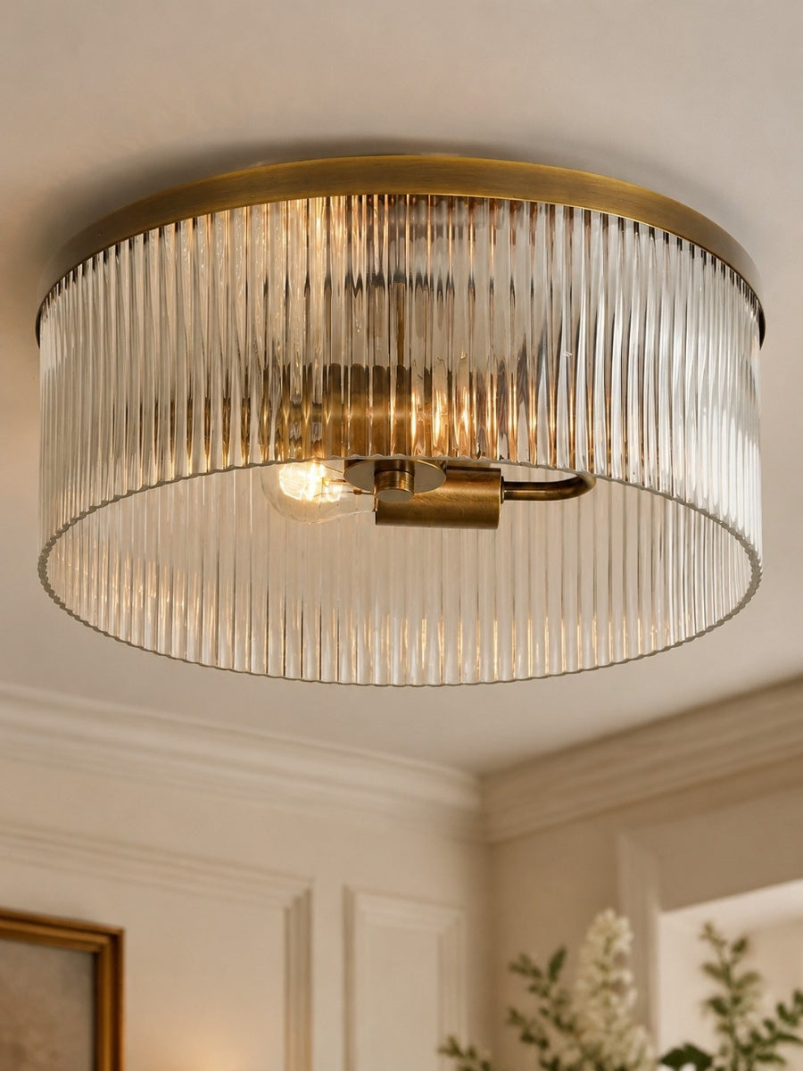 Elegant Ribbed Glass Flush-Mount Ceiling Light – Modern Low-Profile Fixture for Bedroom