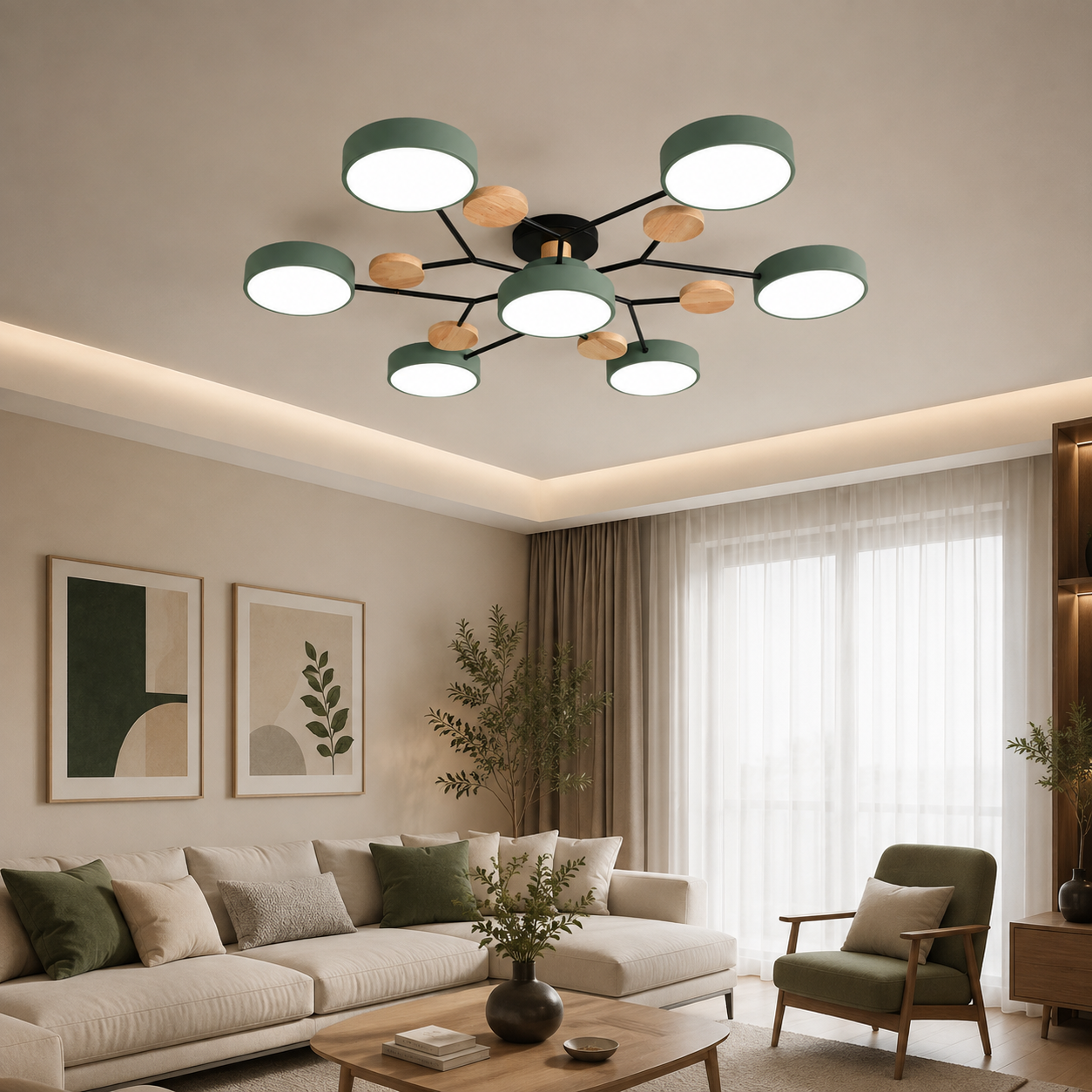 Contemporary Scandinavian Round Molecule Branch Design LED Semi-Flush Mount Ceiling Light For Living Room