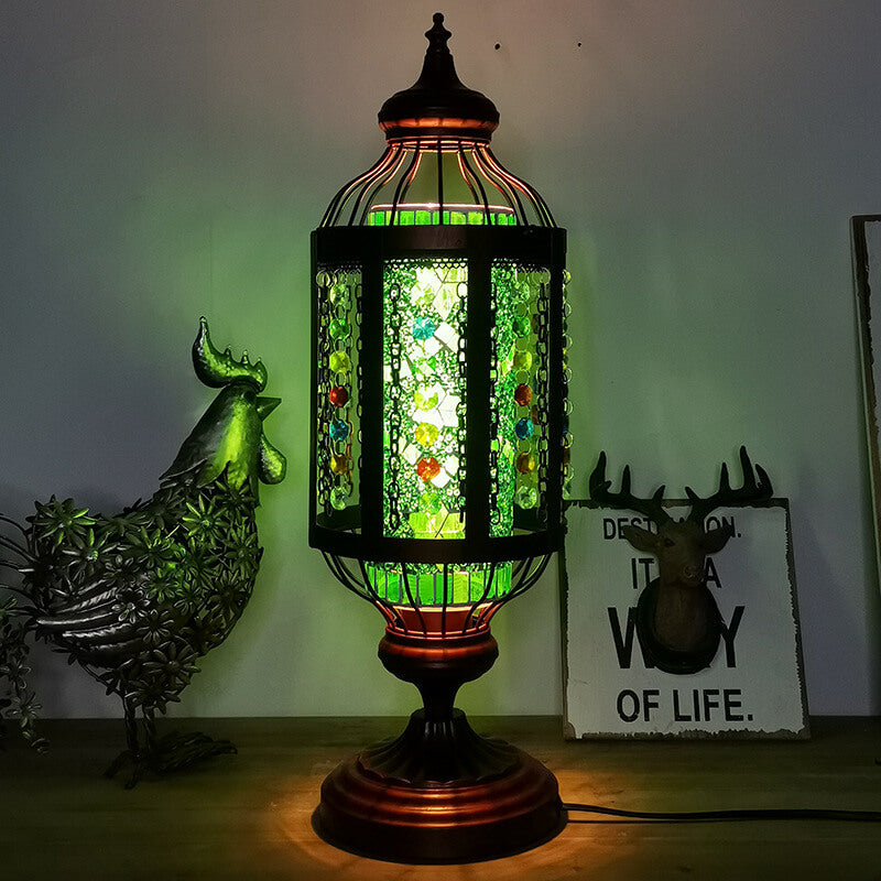 Traditional Vintage Turkish Stained Glass Iron Lantern 1-Light Table Lamp For Bedroom