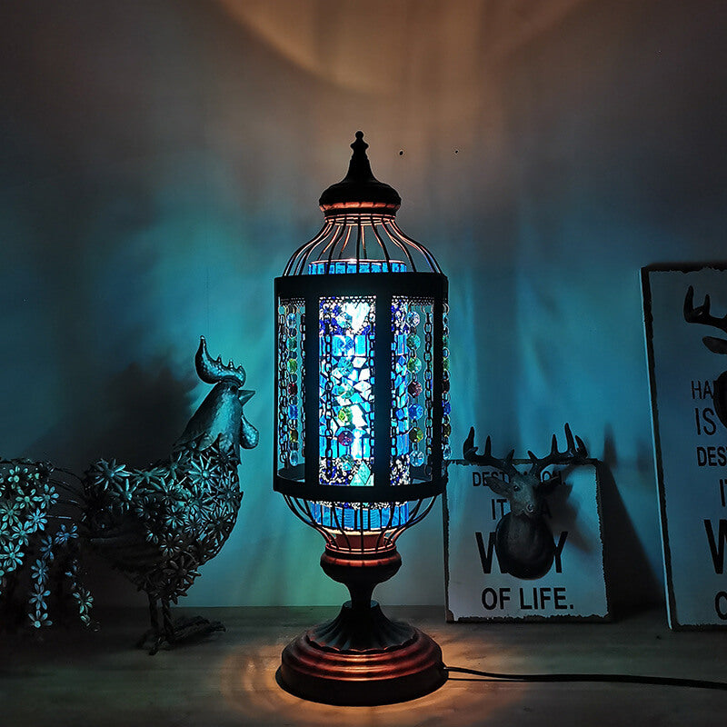Traditional Vintage Turkish Stained Glass Iron Lantern 1-Light Table Lamp For Bedroom