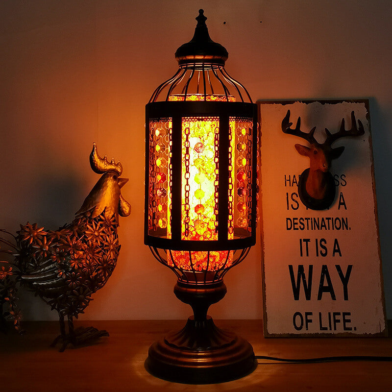 Traditional Vintage Turkish Stained Glass Iron Lantern 1-Light Table Lamp For Bedroom