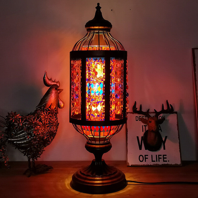 Traditional Vintage Turkish Stained Glass Iron Lantern 1-Light Table Lamp For Bedroom
