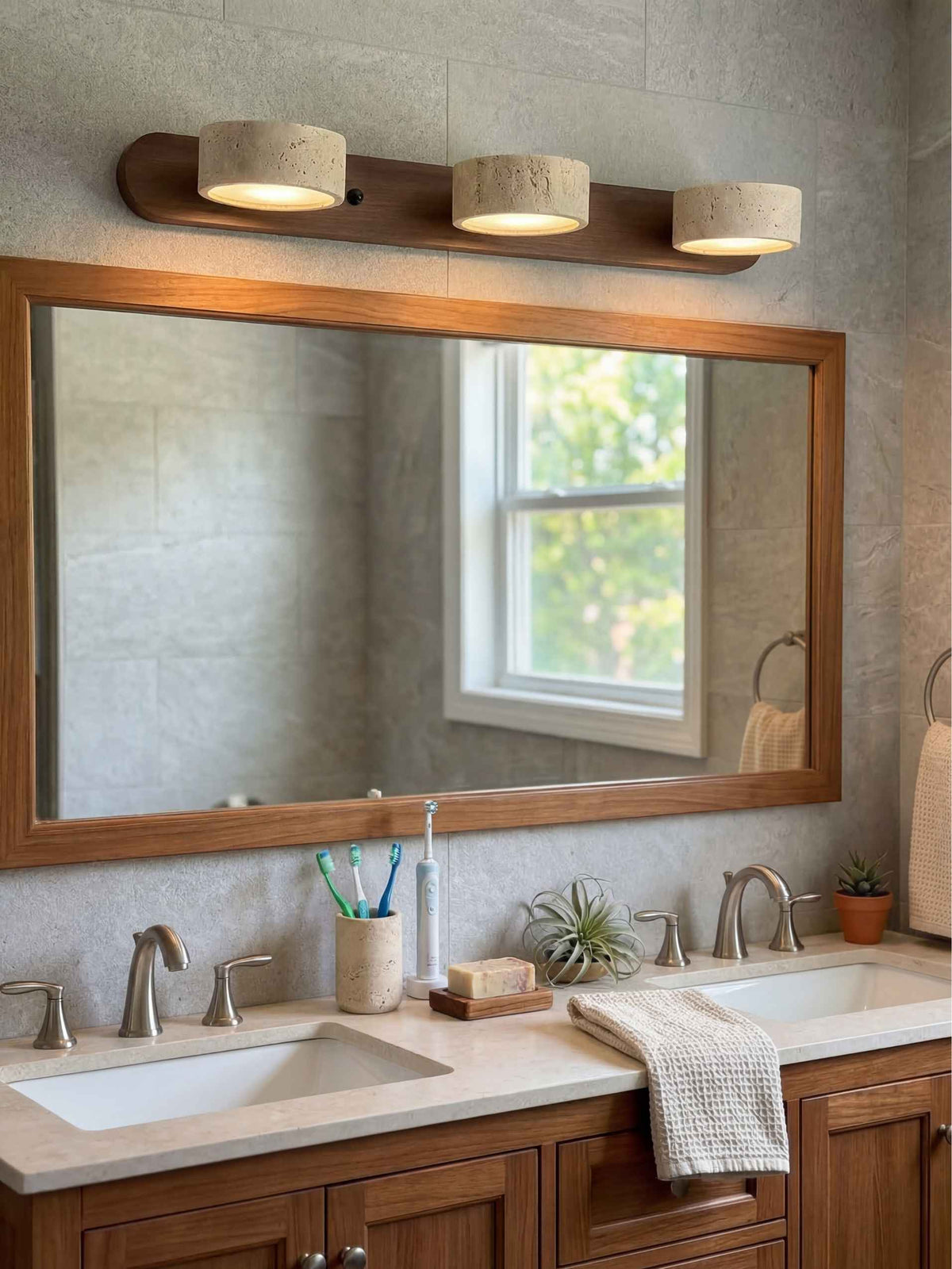 Travertine Multi-Head Wall Sconce – Modern Stone Lamp for Bathroom