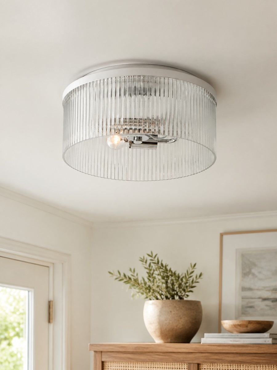 Elegant Ribbed Glass Flush-Mount Ceiling Light – Modern Low-Profile Fixture for Bedroom