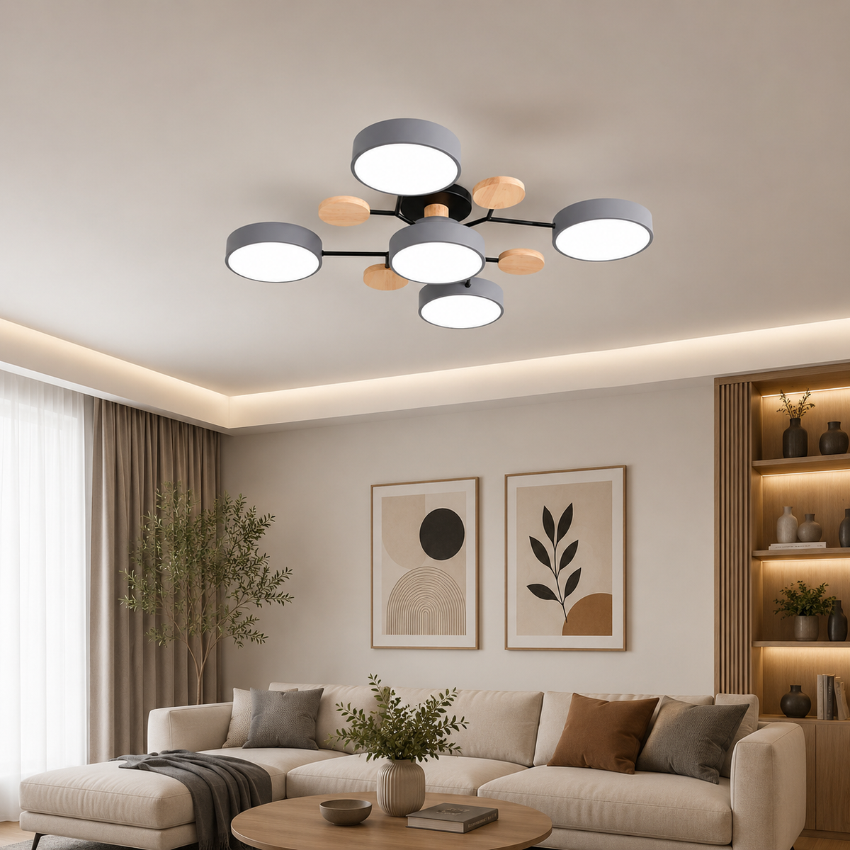 Contemporary Scandinavian Round Molecule Branch Design LED Semi-Flush Mount Ceiling Light For Living Room
