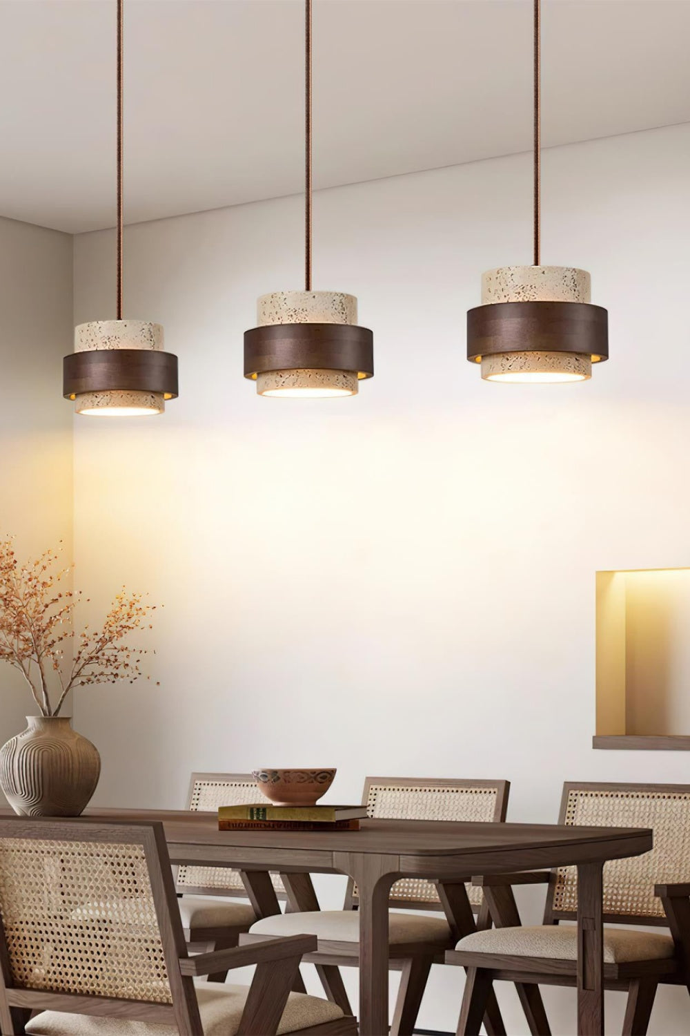 Travertine Wood Pendant Lamp - Modern Organic Hanging Light for Living Room