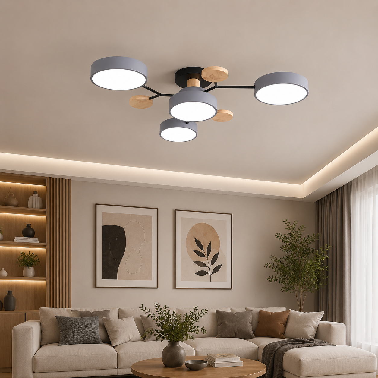 Contemporary Scandinavian Round Molecule Branch Design LED Semi-Flush Mount Ceiling Light For Living Room