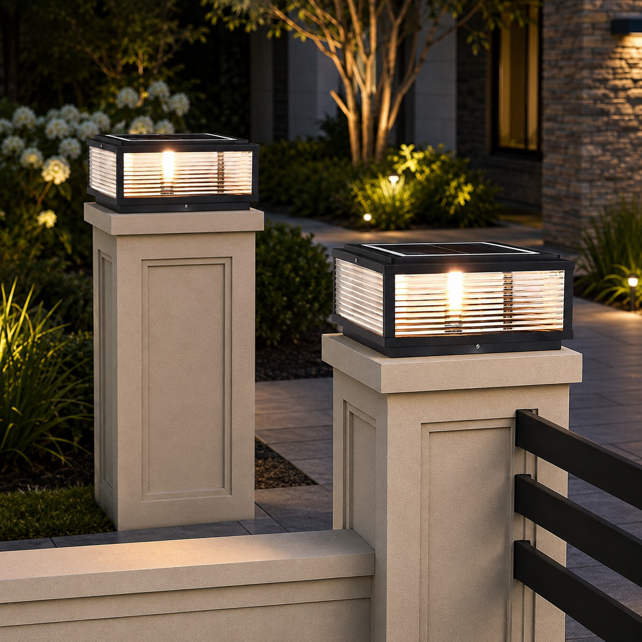 Square Pillar Light Ribbed Glass Outdoor Metal Light